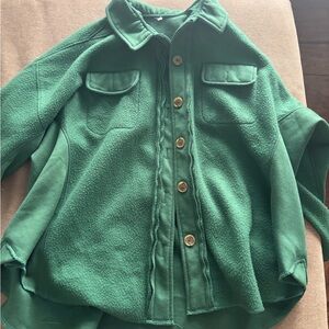 Green Button-Front Fleece Jacket with Chest Pockets